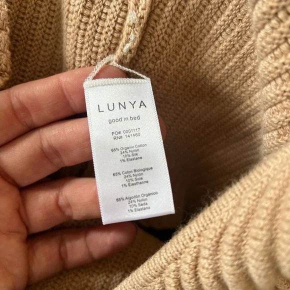 LUNYA Ribbed V Neck Balloon Sleeve Cropped Sweater Tan Size S - Picture 7 of 7